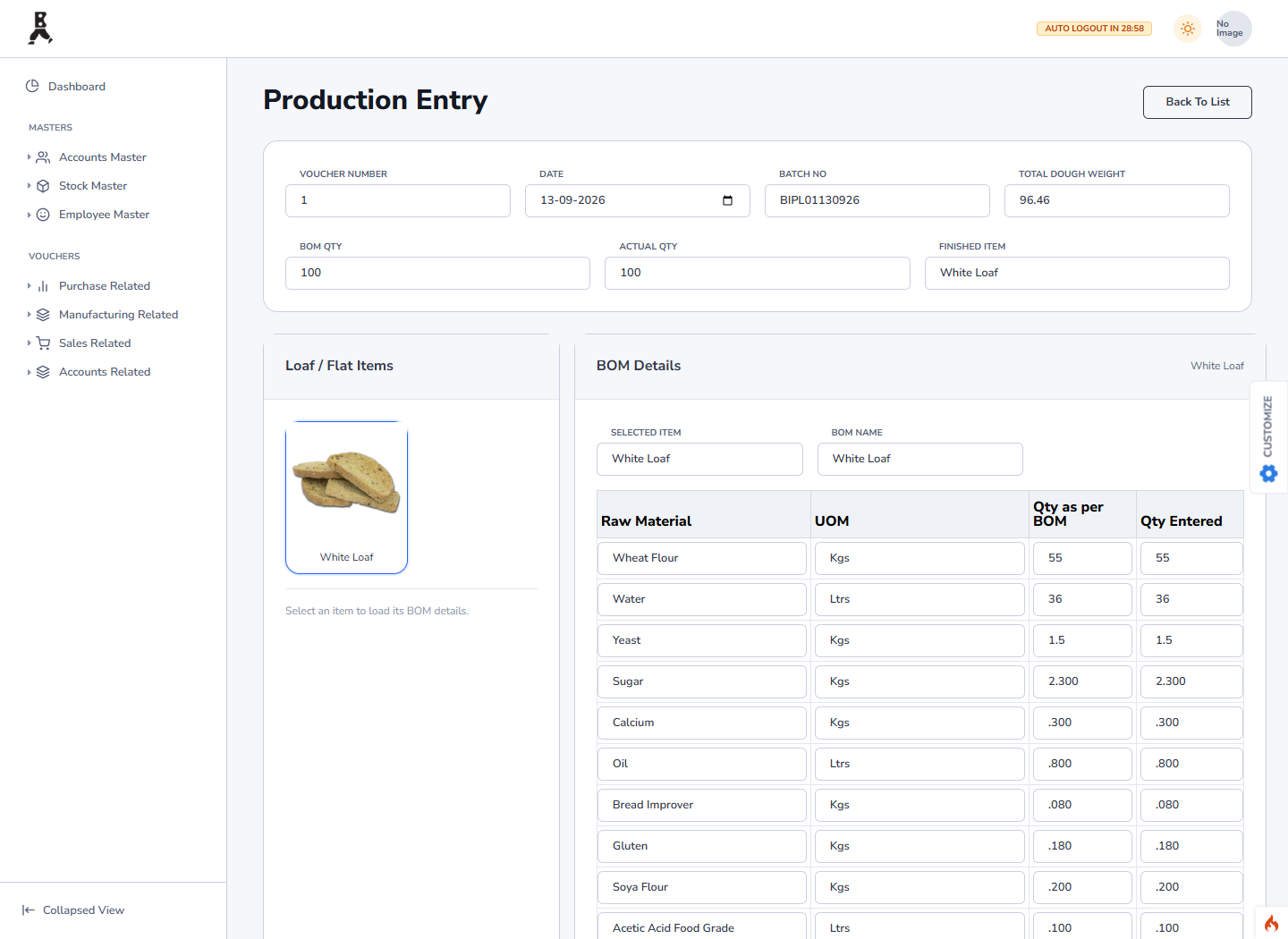 Bakemade production entry with bakery item picture, batch data, and Bill of Material details