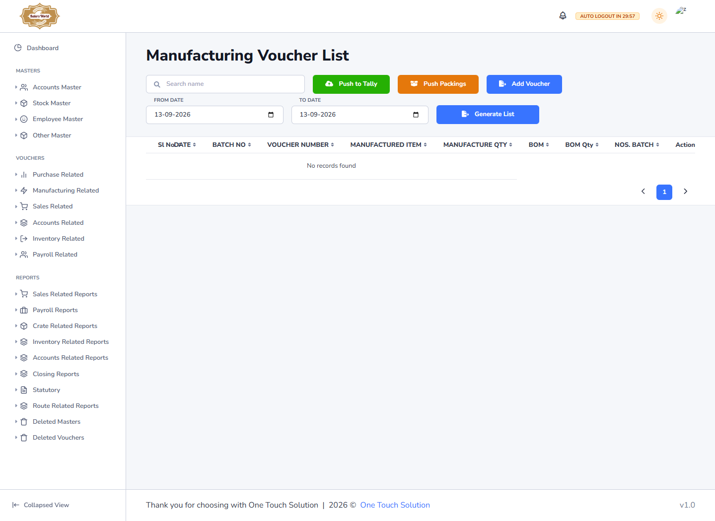 Bakers World manufacturing voucher screen