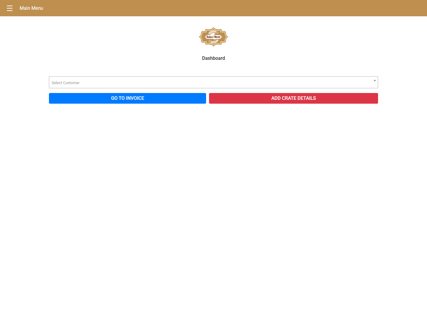 Bakers World Mobile App dashboard