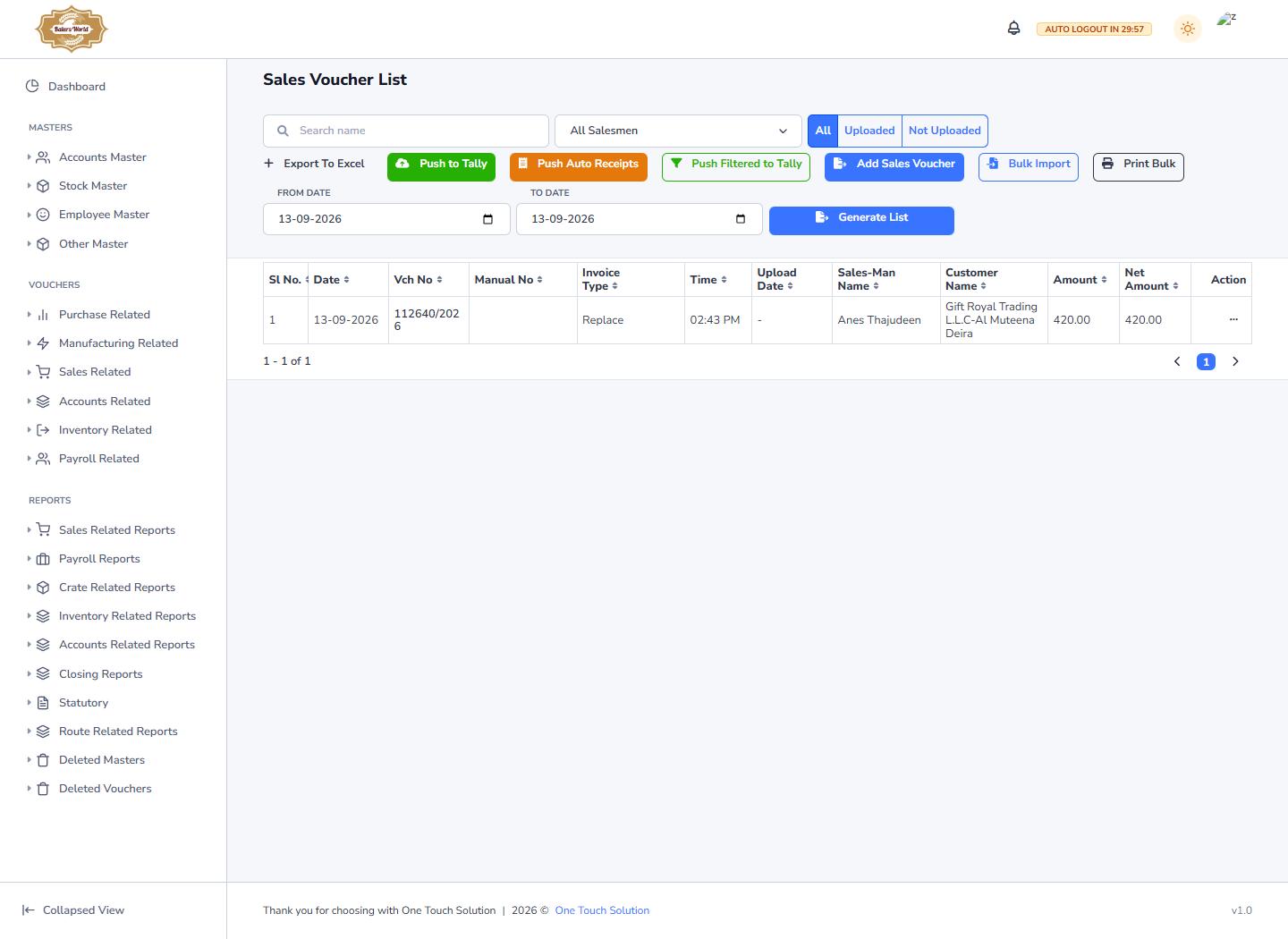Bakers World sales invoice management screen