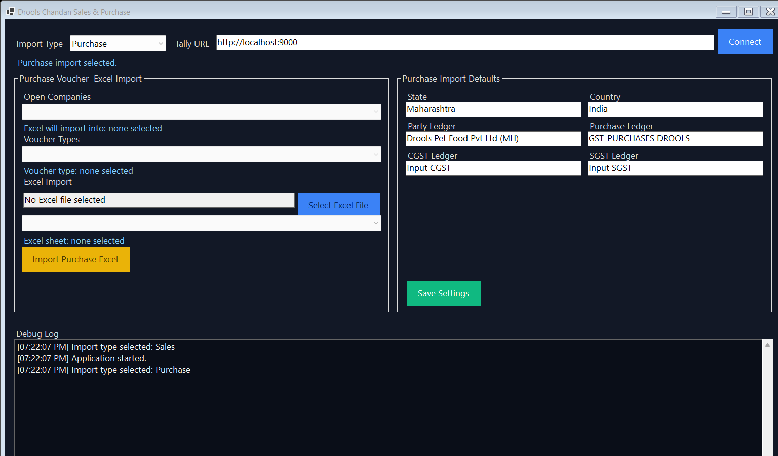 Drools Pet Food purchase Excel import software connected to Tally Prime