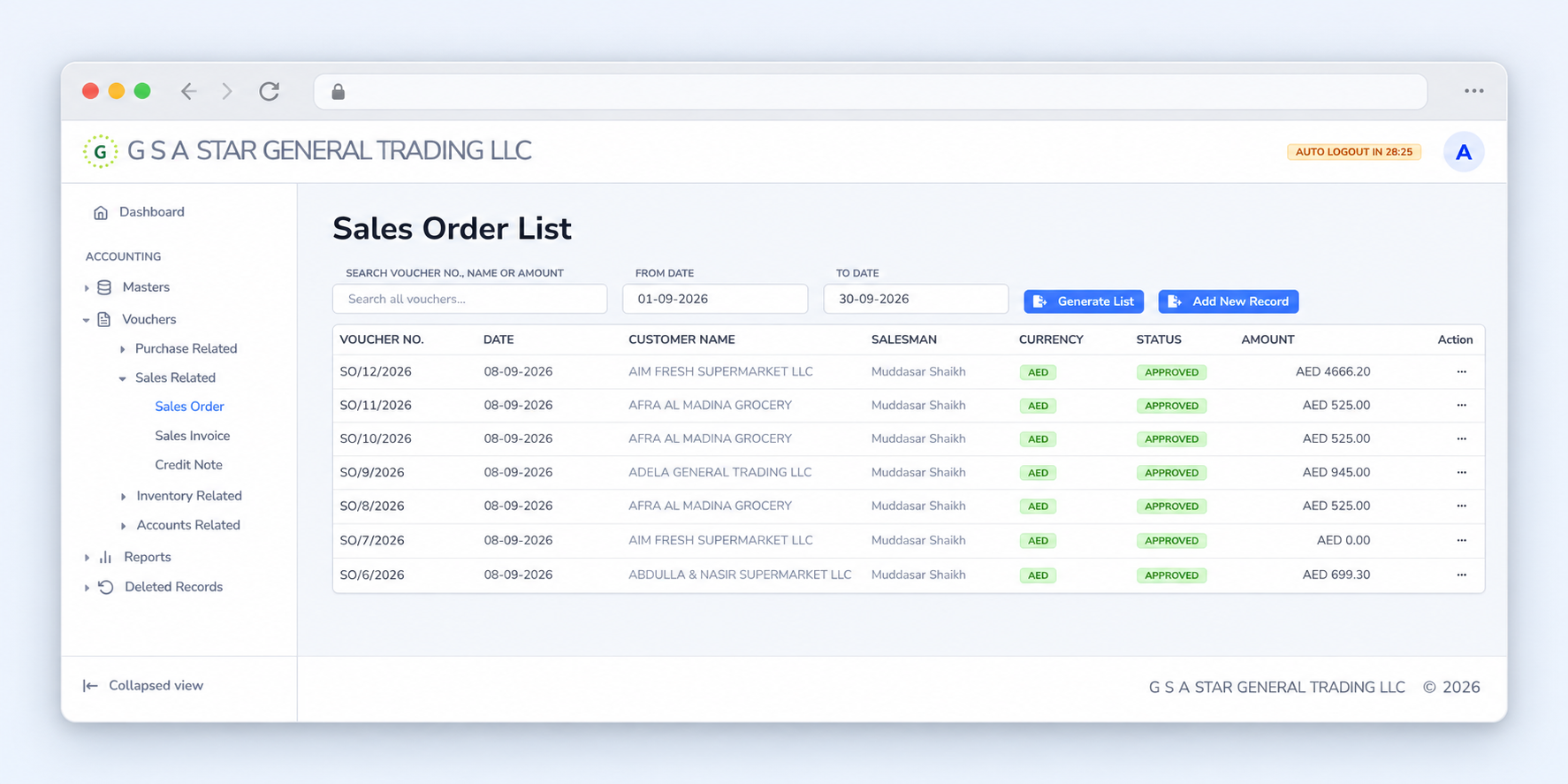 GSA Trading web application Sales Order List