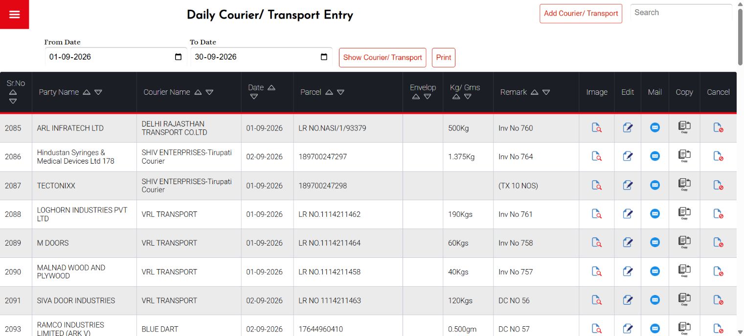 Vilax accounting software Daily Courier and Transport Entry report