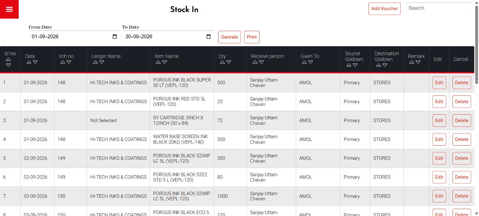 Vilax accounting software Stock In report for inventory management
